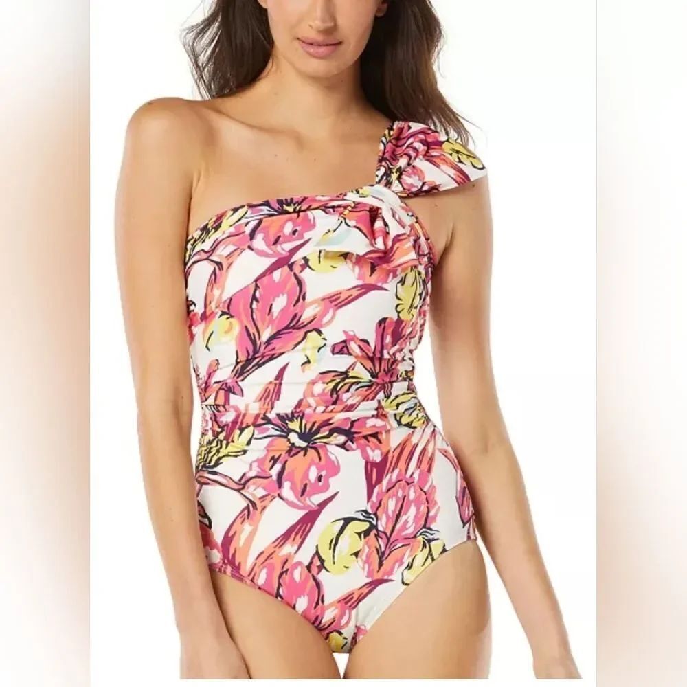 Carmen Marc Valvo Ruched Bow One-Shoulder Swimsuit NWOT Size 6 Pink And White